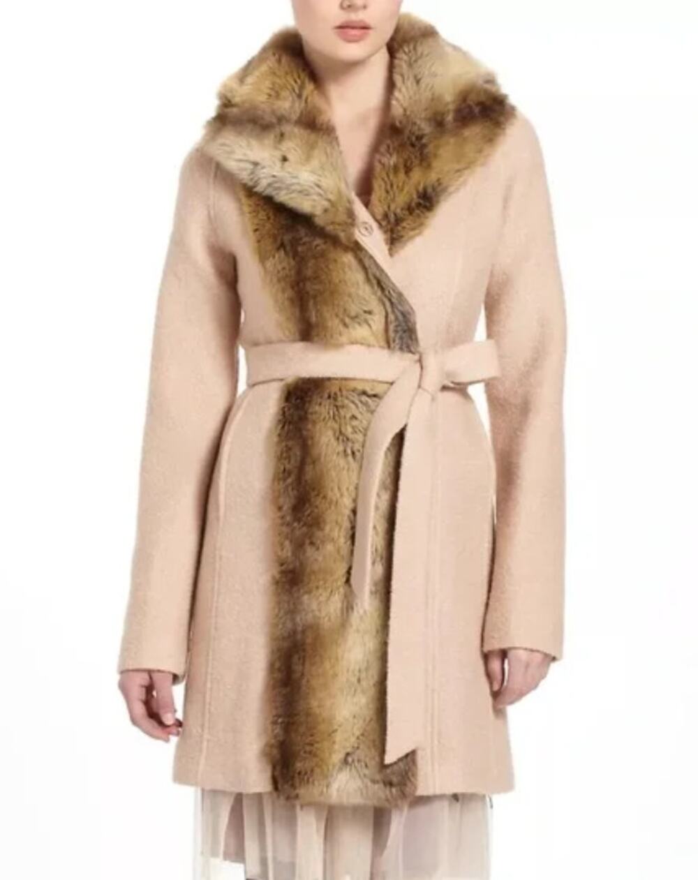 Anthropologie Elevenses Divna Wool Coat Faux Fur Collar & Trim Size 0 Blush Pink